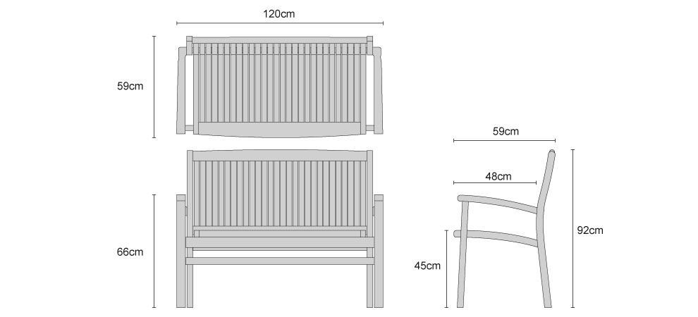 Bali Teak 2 Seater Stacking Bench - Dimensions